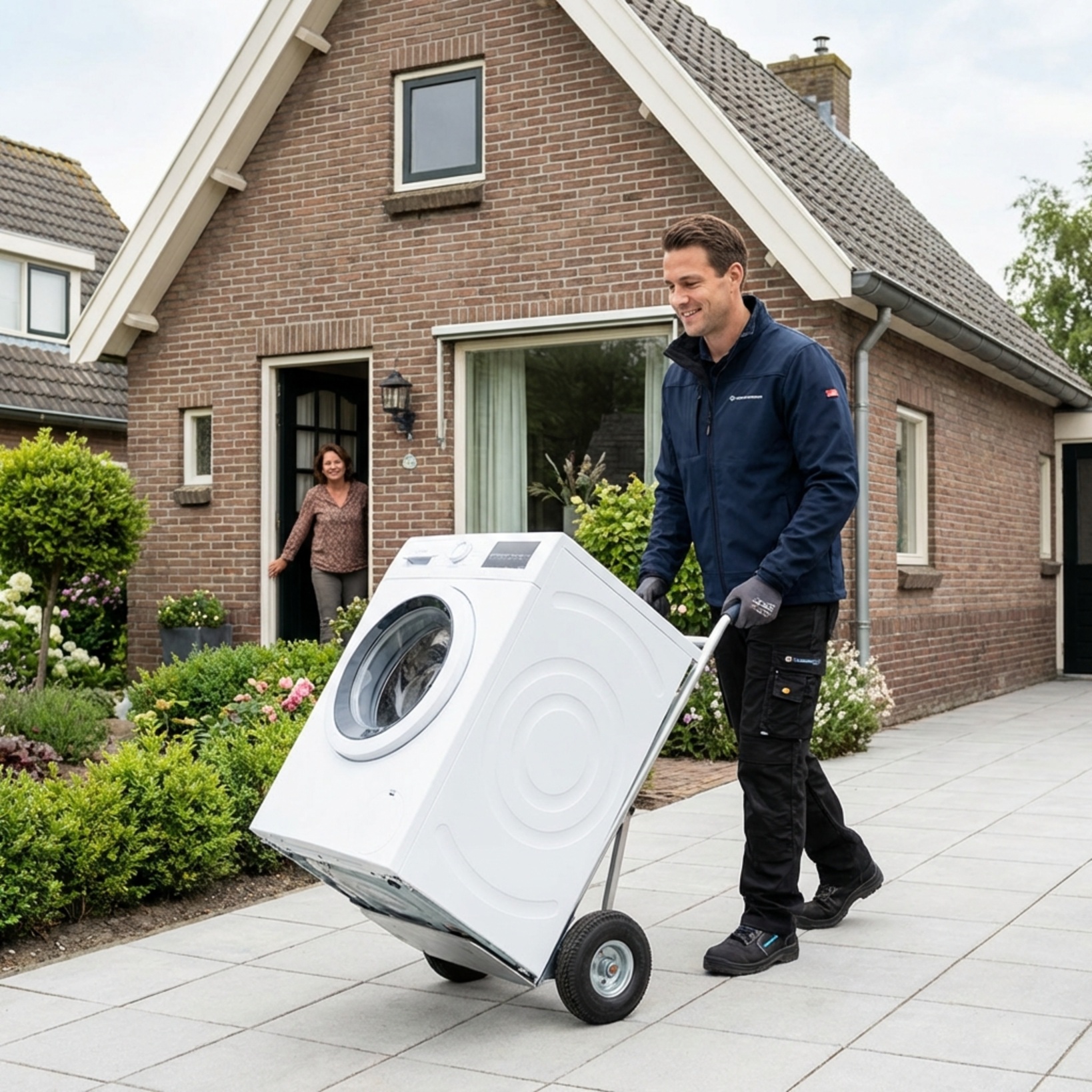 Bezorgers van Witgoedhuis leveren een wasmachine bij een klant