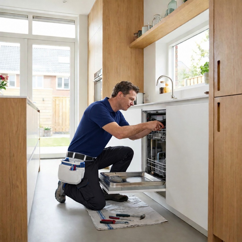 Monteur van Witgoedhuis repareert een wasmachine bij de klant thuis