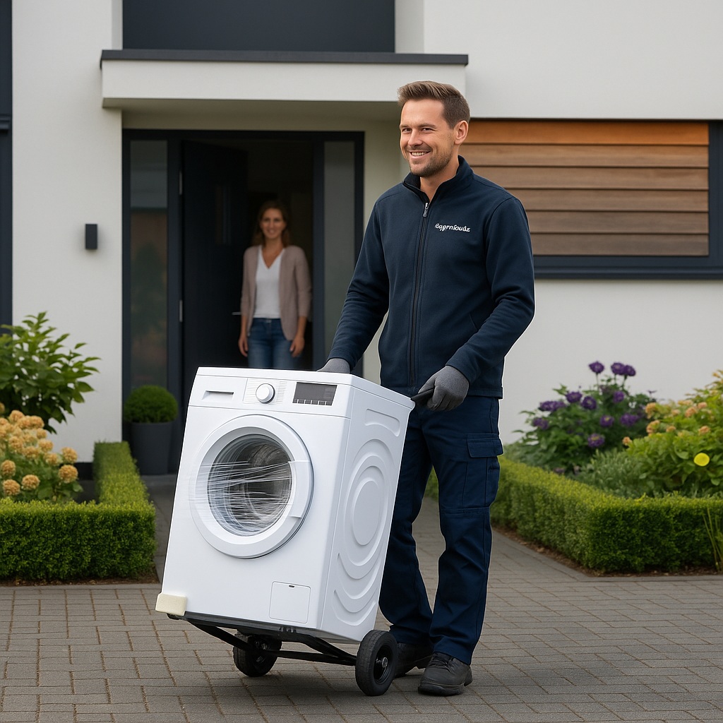 Bezorgers van Witgoedhuis leveren een wasmachine bij een klant