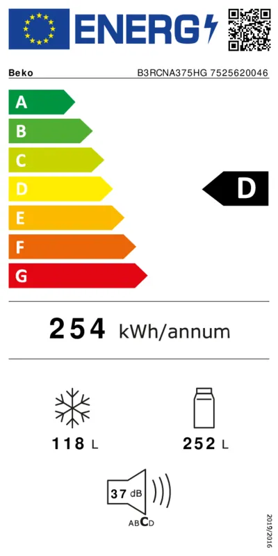 Beko B3RCNA375HG energielabel