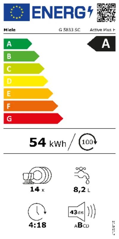 Miele G5833 SC MER BW230 1,9 Excellence energielabel