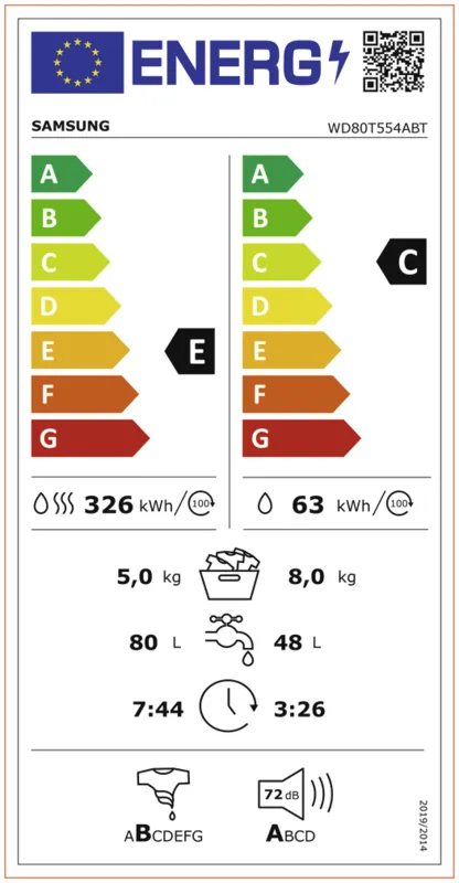 Samsung WD80T554ABT/S2 energielabel