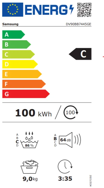Samsung DV90BB7445GES2 energielabel